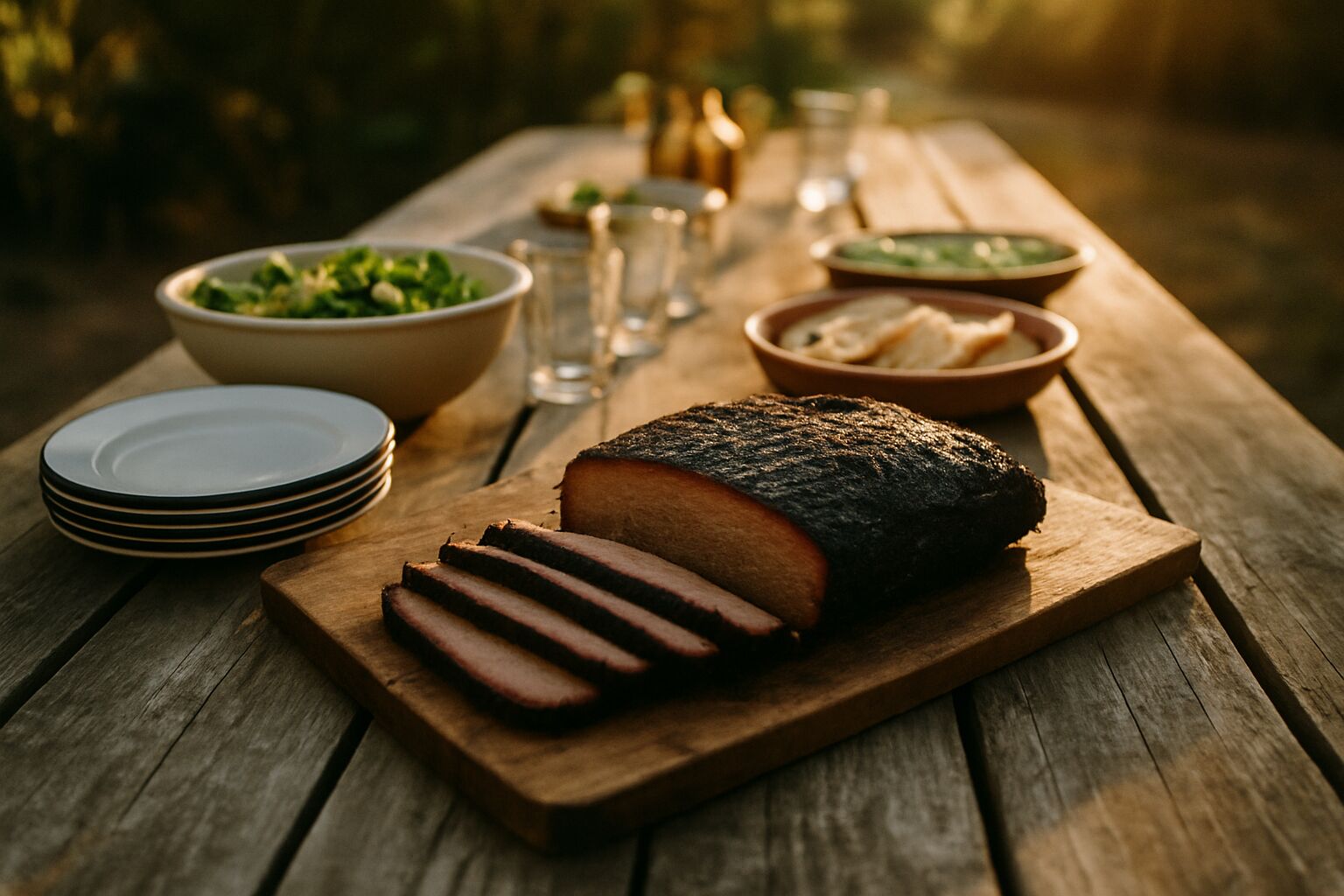 A long outdoor table at golden hour with a smoked brisket mid-slice, salads, flatbread and stacked plates.