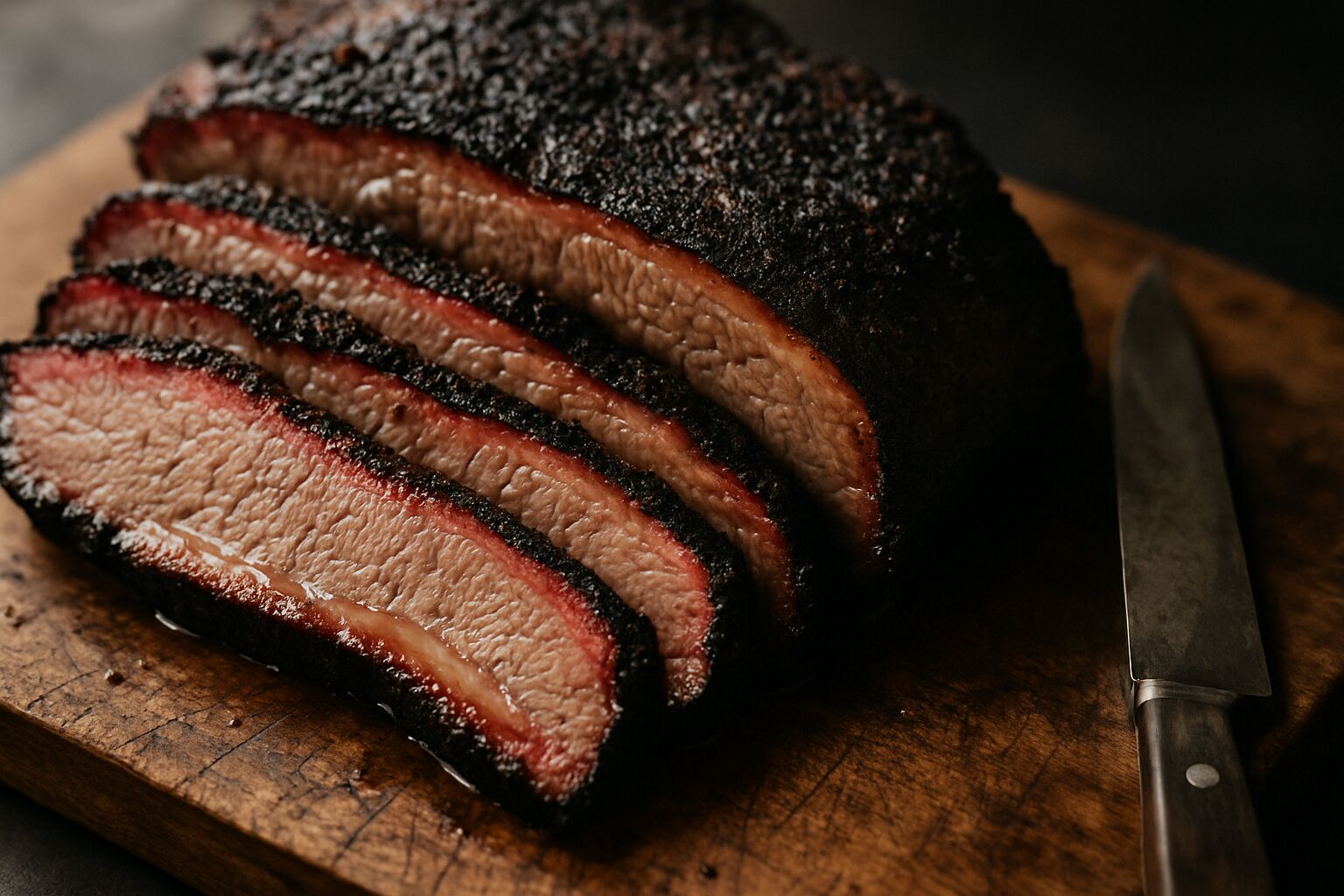 Sliced smoked brisket on a wooden board with dark peppery bark and a visible pink smoke ring.