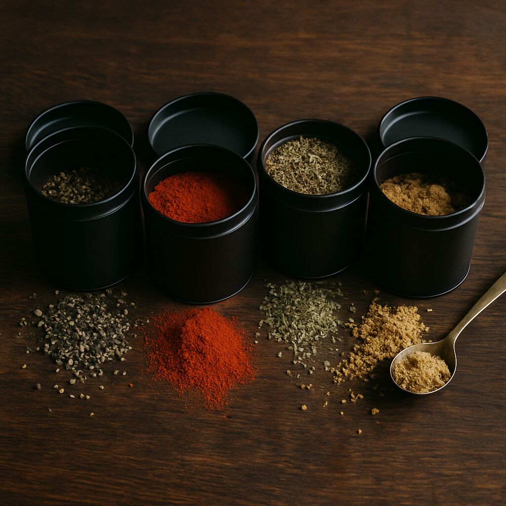 Four open black spice tins on dark oak: black pepper, paprika, dried herbs, sugar and mustard seed.