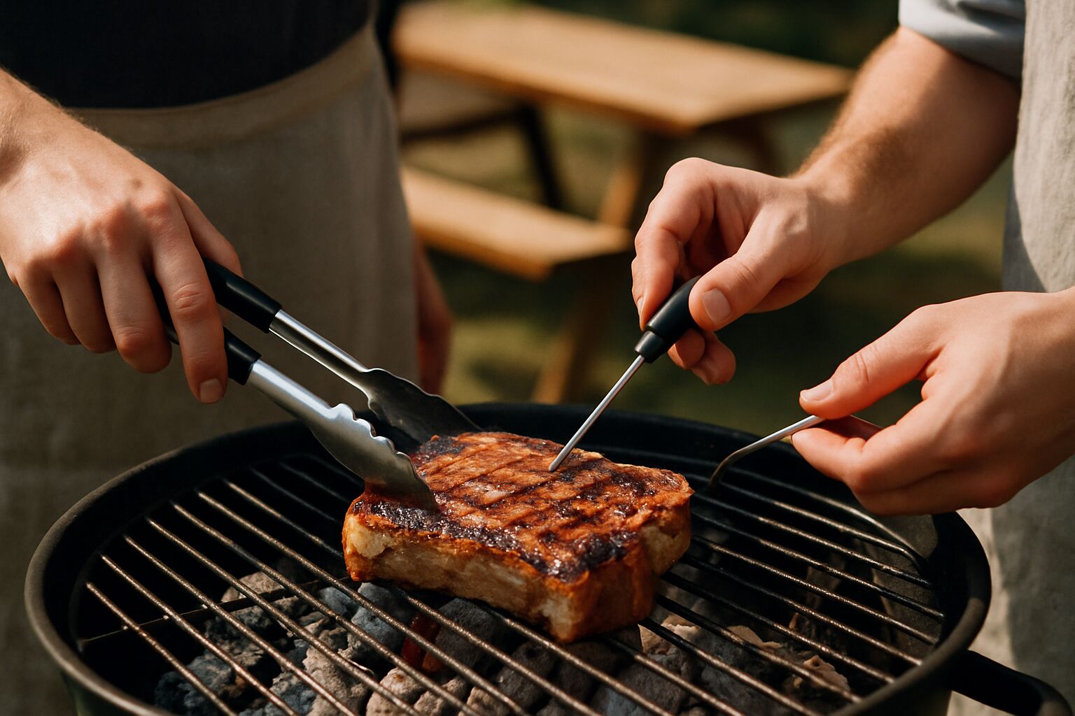 Two pairs of hands over a charcoal grate, one turning pork with tongs, the other holding a thermometer.